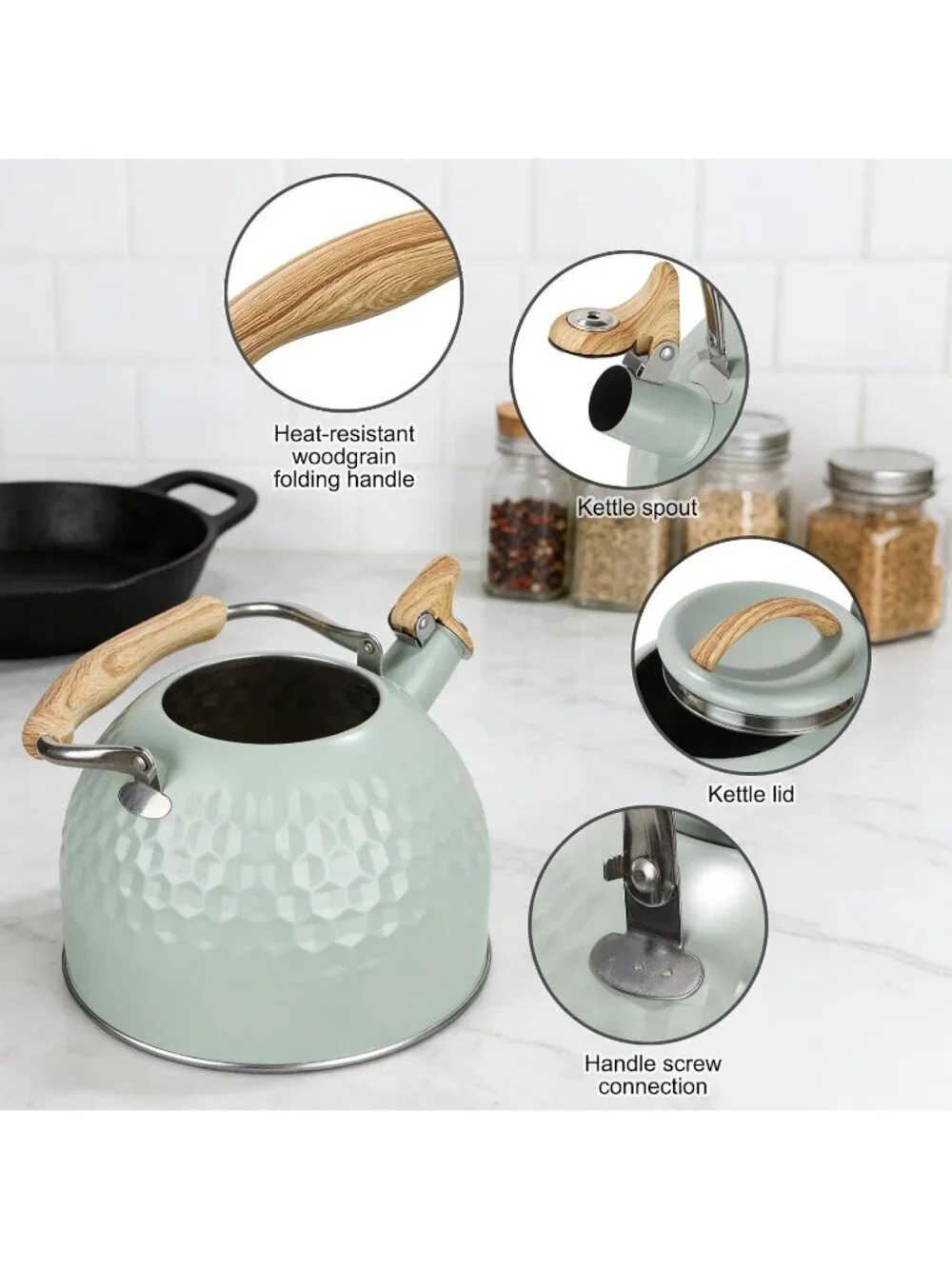 Green Kitchen Whistling Tea Kettle 3 L Stainless Steel Stovetop Folding Handle